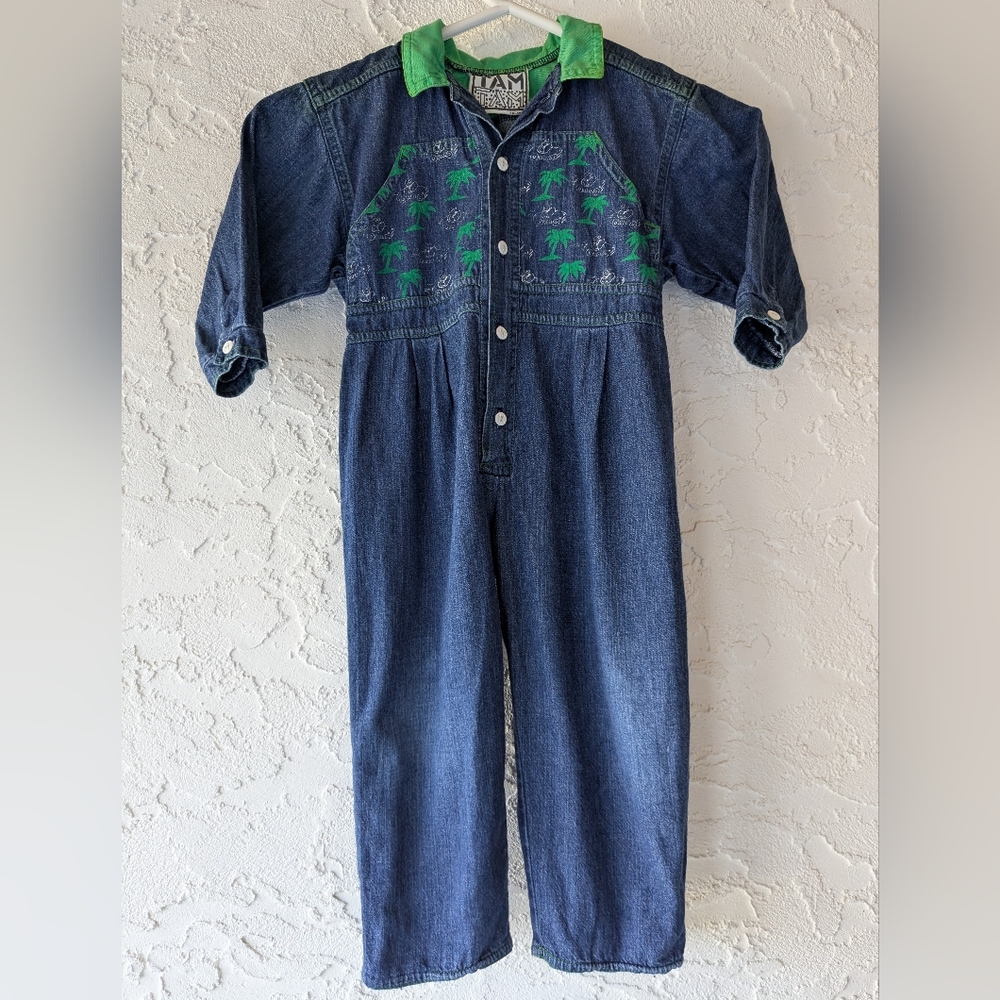 Denim Jumpsuit with Green Palm Tree Print